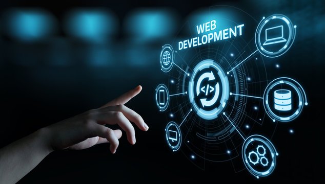 Professional web development concept showing a hand interacting with digital website interface icons, representing modern website design, development, and online business solutions.