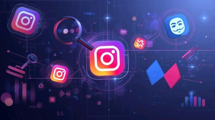A digital illustration featuring Instagram and social media icons, representing social media marketing, brand promotion, and audience engagement.