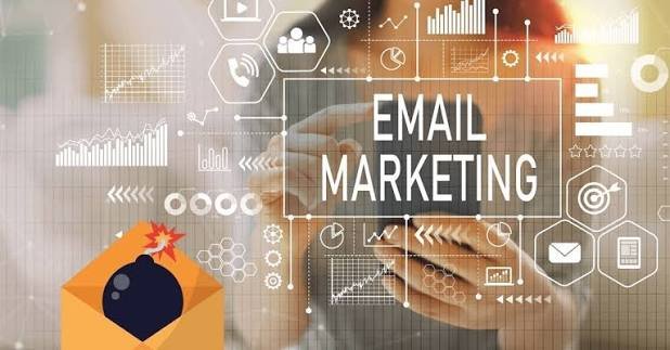 A digital email marketing interface with communication and analytics graphics, representing email campaigns, customer engagement, and lead nurturing.