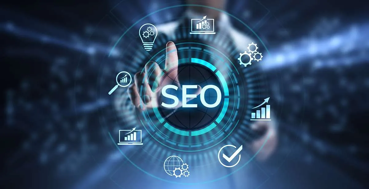 A futuristic SEO dashboard with search optimization icons, representing website optimization, search rankings, and organic traffic growth.