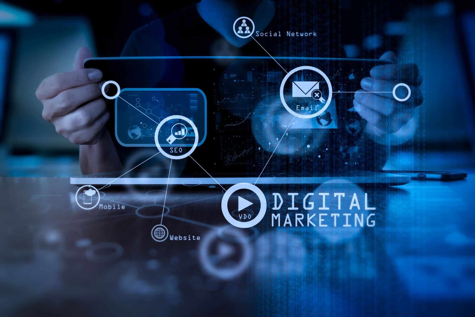 A digital marketing concept showing interconnected icons for SEO, social media, email marketing, websites, and online advertising, representing business growth through digital marketing.